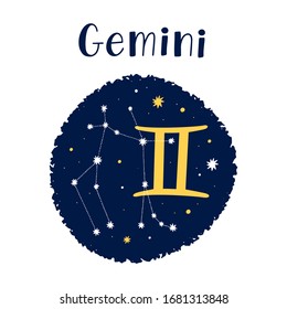 Vector illustration of golden Gemini zodiac sign and constellation in a circle isolated on a white background. 