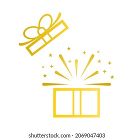 Vector illustration of a golden gift box being opened on a white background.