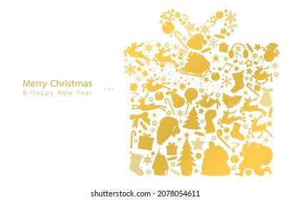 Vector illustration of golden gift box made of Christmas decorations,icons,Santa Claus,reindeers,gifts,snow man,snowflakes,template for greeting card,Merry Christmas,Happy New Year white background.