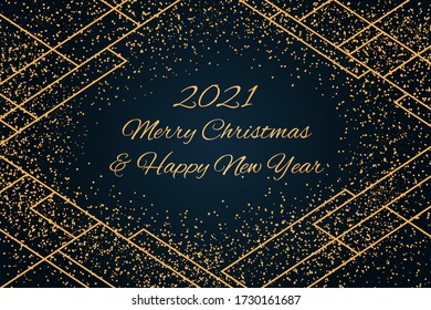 Vector illustration with golden glitter, geometric elements on a dark blue background, text 2021 Merry Christmas and Happy New Year. Flat style design. Concept for holiday card, poster, banner, flyer.