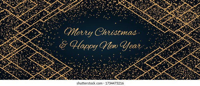 Vector illustration with golden glitter, geometric elements on a dark blue background, text Merry Christmas and Happy New Year. Flat style design. Concept for holiday card, poster, banner, flyer.