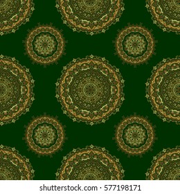 Vector illustration. Golden glitter snowflakes on a green background. Symbol holiday, New Year 2018 celebration. Winter snow design wallpaper. Christmas gold snowflakes seamless pattern.