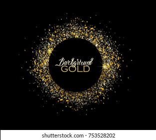 Vector illustration of a golden glitter texture on a black background. Circle of Gold sparkles