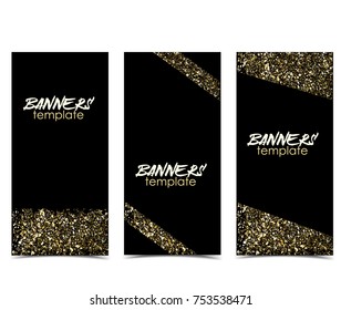 Vector illustration of a golden glitter texture on a black backgrounds. Web banner design template