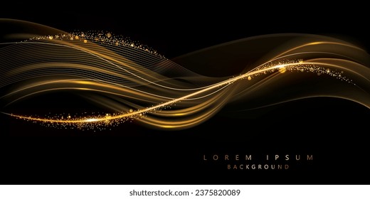 vector illustration golden glittering curve waves on the dark background, digital creative and futuristic modern pattern luxury backdrop design element.