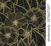 Vector illustration of golden gradient and black two-color seamless floral pattern. Floral organic background with dotted flowers and leaves. For textile, wallpaper and packaging. 