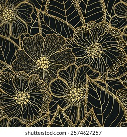 Vector illustration of golden gradient and black two-color seamless floral pattern. Floral organic background with dotted flowers and leaves. For textile, wallpaper and packaging. 