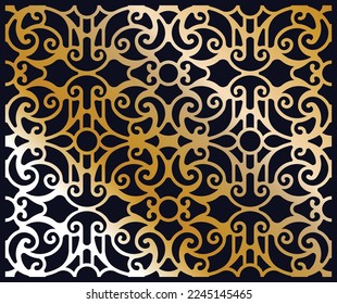 Vector illustration of golden gradient classic laser cut pattern dominated by arc lines on black background.