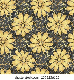 Vector illustration with golden gradient flowers grunge gray seamless pattern. Floral organic background. For textiles, wallpaper and packaging.