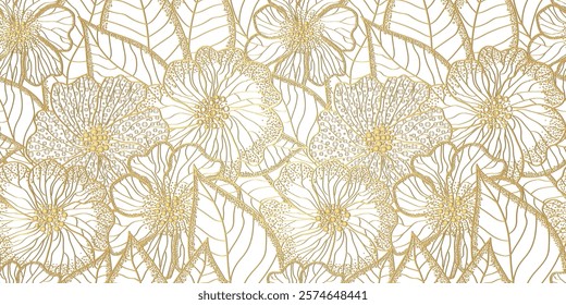 Vector illustration of golden gradient seamless floral pattern. Floral organic background with dotted flowers and leaves. For textile, wallpaper and packaging. Transparent background 