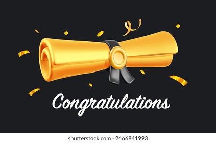 Vector illustration of golden graduate diploma paper scroll with wax seal and ribbon on black background with word congratulations. 3d style design of paper document scroll for web, site, banner, card