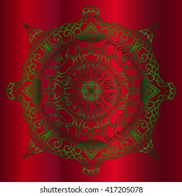 Vector Illustration. Golden Hand Drawn Mandala on Red Background, Oriental Decorative Element, Vintage Style.
