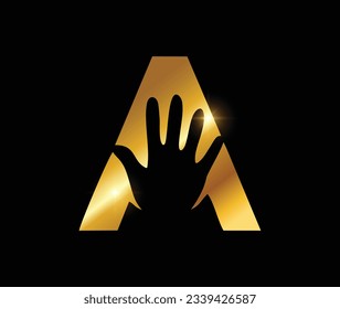 Ilustración vectorial del logotipo de impresión de mano dorada Ilustración en fondo negro con efecto de brillo dorado