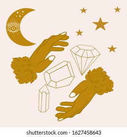 vector illustration with golden hands, gems and eye, perfect to use on the web or in print