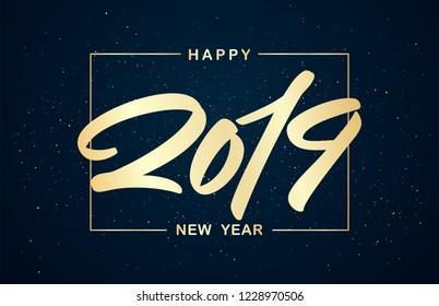 Vector illustration. Golden Handwritten  brush type lettering of numbers 2019. Happy New Year.