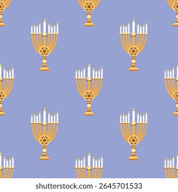 Vector illustration of golden Hanukkah menorah with burning candles and Star of David on a soft blue background. Seamless pattern for Jewish holiday, decoration, textile, wrapping.