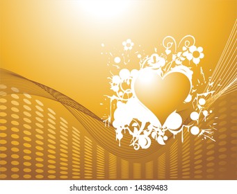 vector illustration, golden heart and floral with waves elements