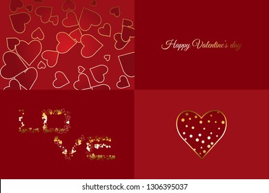 Vector illustration of Golden hearts on a red background. Love. Happy Valentine's day.