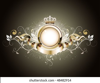 Vector illustration of golden heraldic frame or badge with crown, banner and floral elements