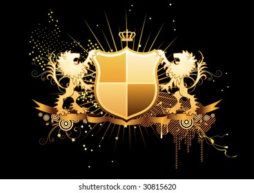 Vector illustration of golden heraldic shield or badge with banner and two lions