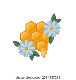 A vector illustration of golden honeycomb surrounded by chamomile flowers with green leaves. Ideal for natural products and health themes.