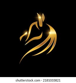 A vector illustration of Golden Horse Head Line Logo Sign in black background with gold shine effect