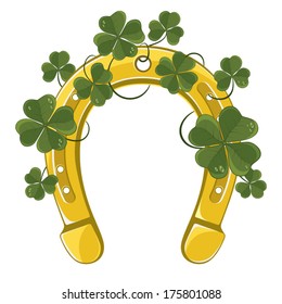 Vector illustration with the golden horseshoe and clover isolated on white background