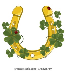 Vector illustration with the golden horseshoe, clover and ladybird isolated on white background 