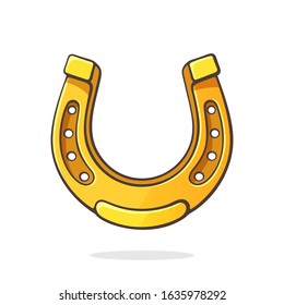 Vector illustration. Golden horseshoe for good luck. Symbol of fortune and happiness. Graphic design with contour. Clip-art print for signboard, showcase, greeting card. Isolated on white background