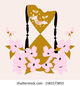 vector illustration with golden hour glass and pink flowers and moon, perfect to use on the web or in print