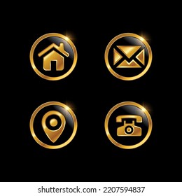 Ilustración vectorial del icono del vector dorado conjunto de iconos de comunicación dorados sobre el teléfono móvil símbolo de la dirección de correo electrónico en el fondo negro con efecto de brillo dorado