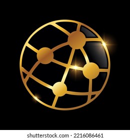 Eine Vektorgrafik des Golden Internet Network Vectorsymbol auf schwarzem Hintergrund mit goldenem glänzender Wirkung