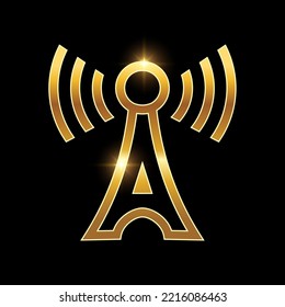 A vector illustration of Golden Internet Network Vector Icon in black background with gold shine effect