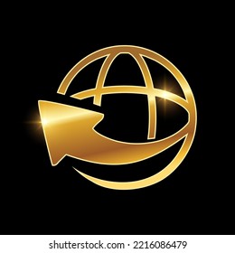Una ilustración vectorial de Golden Internet Network Vector Icon en fondo negro con efecto de brillo dorado