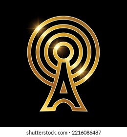 Una ilustración vectorial de Golden Internet Network Vector Icon en fondo negro con efecto de brillo dorado