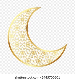 Vector illustration of golden Islamic crescent moon on transparent background