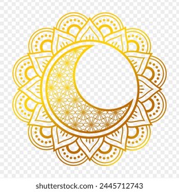 Vector illustration of golden Islamic crescent moon in circular pattern on transparent background