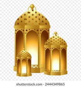 Vector illustration of golden Islamic lanterns on transparent background