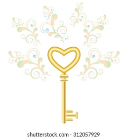 Vector illustration of golden key with pastel swirls on background with magical mood of open heart and love