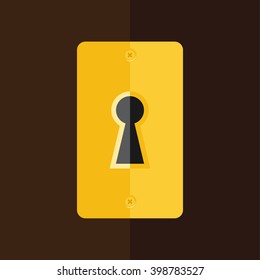 Vector Illustration Golden Keyhole In Wooden Door. Key Hole Icon