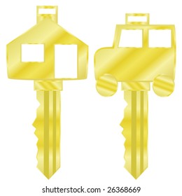 Vector illustration of golden keys shaped like a house and like a car