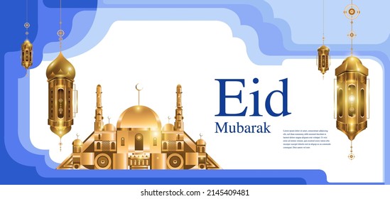 Vector Illustration golden lantern and mosque for islamic eid mubarak card banner