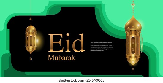 Vector Illustration golden lantern and mosque for islamic eid mubarak card banner