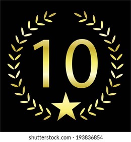 Vector illustration of Golden laurel wreath with a star, ten on a black background