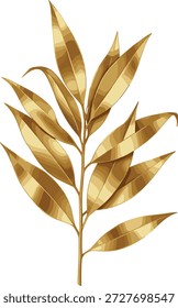 Vector illustration of golden leaf branch icon with metallic texture, elongated leaves, and decorative design element