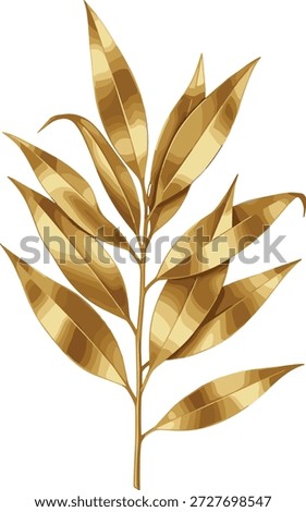 Vector illustration of golden leaf branch icon with metallic texture, elongated leaves, and decorative design element