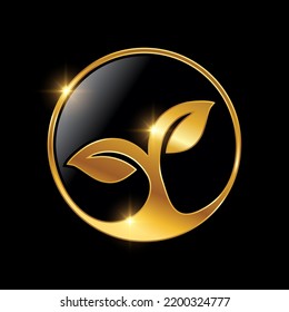 A vector Illustration of Golden Leaf Luxury Royal Logo Sign in black background with gold shine effect 