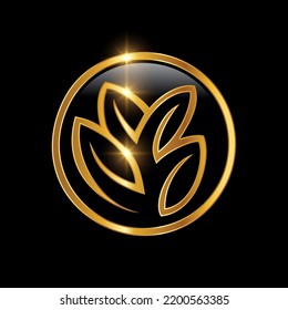 A vector Illustration of Golden Leaf Luxury Royal Logo Sign in black background with gold shine effect 