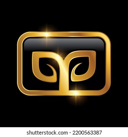 A vector Illustration of Golden Leaf Luxury Royal Logo Sign in black background with gold shine effect 