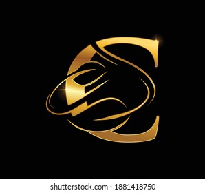 A Vector Illustration of Golden Leaf Monogram Initial Letter C in black background with gold shine effect